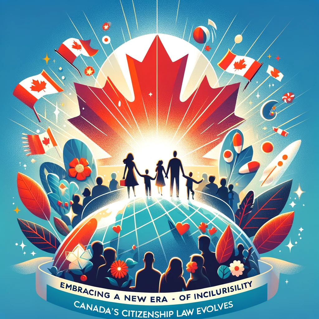 Uplifting image featuring the Canadian flag, a family silhouette, and a globe, symbolizing the recent positive changes in Canadian citizenship laws and the global unity of Canadians.