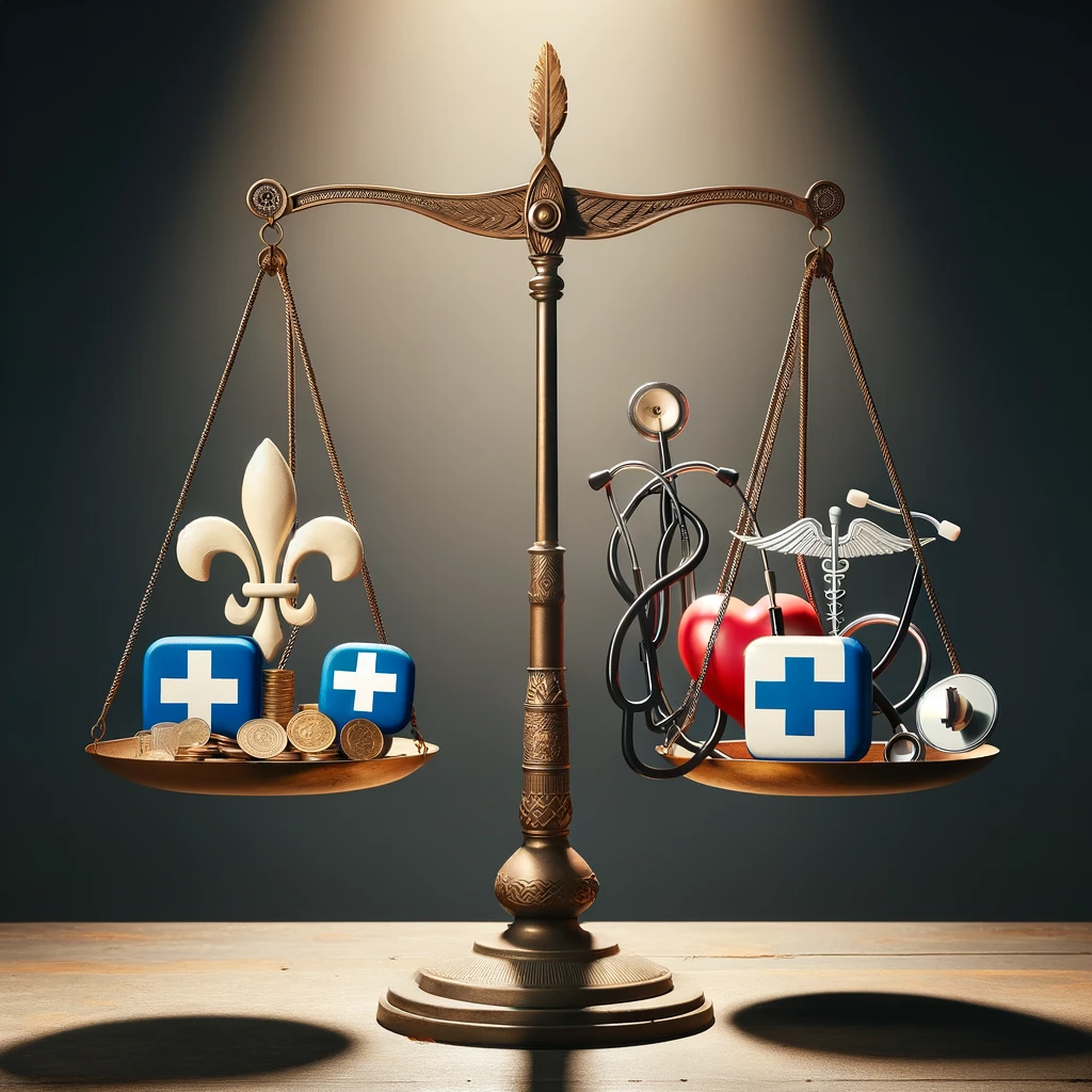 An imbalanced scale with the Quebec flag or Fleur-de-lis symbol on one side, significantly lower due to its weight, representing French-speaking emphasis, and healthcare symbols (stethoscope, heart, caduceus) on the lighter side, illustrating the underprioritization of healthcare professionals in Canada's immigration system.