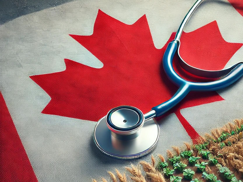 An image of a Canadian flag with a stethoscope and agricultural field placed on it symbolizes essential services in healthcare and agriculture in Canada.