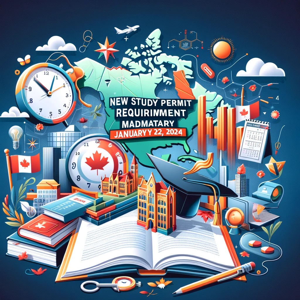 Engaging header image featuring a map of Canada, a symbolic attestation letter, education icons like a graduation cap and books, alongside a calendar and clock, highlighting the new study permit requirement for an attestation letter effective from January 22, 2024, with the caption 'New Study Permit Requirement: Attestation Letter Mandatory from January 22, 2024